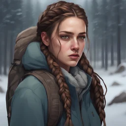 survival; digital art; portrait; young woman; ash brown hair; braids; mismatched eyes; two eye colors; heterochromia iridum eyes; soft details; soft light; detailed; winter clothes; mismatched clothes; backpack; scouting; shelter