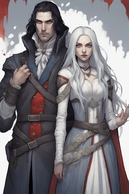 A couple, from the dnd game curse of Strahd. The woman has long white hair and blue eyes, the man has LONG BLACK hair and red eyes, no facial hair.