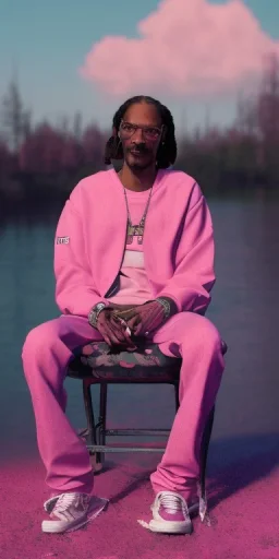 Snoop dogg sitting on a chair. pink houses, pink sky, pink smoke, moon, trees