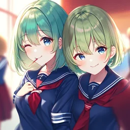 Clear focus, High resolution, short light green hair, blue eyes, wearing a sailor uniform, red tie, wearing a sailor skirt, eyes closed, smiling with mouth open