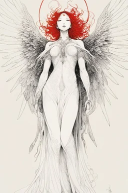 style of Yoshitaka Amano ~a fierce angel, standing with all her might wings outstretched staring deep into your soul, her ornate robe reminiscent of the stars in the night fiery sky. surrealist. Shades of luminous white and red piercing shadow, reminiscent of Beuys and Qian Xuan.