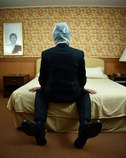 man with plastic bag over his head sits on the edge of a bed with his feet on the ground, facing camera, inside an old, 70s style motel room with tacky wall paper. he is wearing a black suit with a melincholy attitude. there is a box tv facing away from camera, illuminating his front. from this view, you cannot see the front of the tv. full room view, super wide shot, 24mm lens view, film syle.