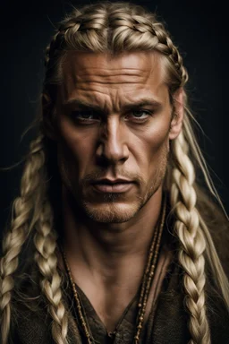 portrait of a 40 year old viking , long blond hair with Two braids hung down neatly in front of his ears. Rugged face with a scar. blonde beard, fantasy