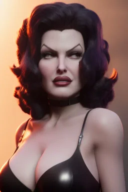 Rita Hayworth as evil queen in black leather, busty, cleavage, curvy, angry, stern look. character design by cory loftis, fenghua zhong, ryohei hase, ismail inceoglu and ruan jia. unreal engine 5, artistic lighting, highly detailed, photorealistic, fantasy