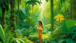 A vibrant, tropical Eden teeming with exotic flora and fauna, where a native woman offers a fruit as a symbol of gratitude, sunlight filtering through the lush canopy.