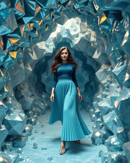 make a picture pretty cave made of crystal and metallic 3d fractal recursive cubic and sphere base structures and a beautiful fashion model lady with cute,with dark cyan decholte top and pretty pleated midi skirt,siver,curvy long hair,makeup, she walks in cave ,dynamic camera fallow her inside cave capturing full body, dynamic lights.