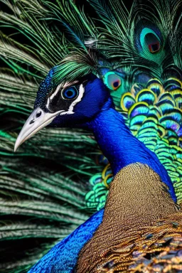 head of mythical peacock with metallic gold feathers black background ultra high detailed sharp focus