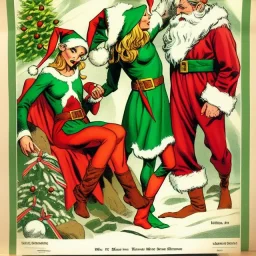 two elves. woman and man. Christmas scene. poster. marvel comic. low-key