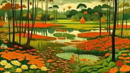An olive green wetlands with fiery orange flowers painted by Edward Hicks
