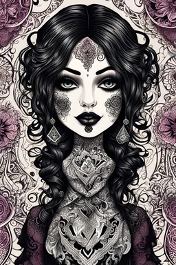 silk screen caricature illustration of satin cloth female goth rag doll overlayed with Zentangle patterns tattoos, highly detailed, vibrant natural color,