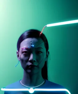 Ultra realistic photographic night portrait, cinematic, <Asian woman> many wires coming out of the head <perfect pupil> <cyborg arm> <garage> <wide angle Shot> <retro futuristic> <thriller>, neon lights, color fog, soft color, highly detailed, unreal engine 5, ray tracing, RTX, lumen lighting, ultra detail, volumetric lighting, high definition.