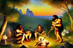 Impressionism, caveman holding a club, cave, cave bear, campfire, stone age, mellow, dawn, trending on artstation, fine detail, high quality, old,