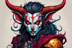 highly detailed, color woodcut concept illustration of a female Tiefling seeress character , maximalist, sharp focus, highest resolution, in the styles of Alex Pardee, Wayne Reynolds, Denis Forkas , and Masahiro Ito, boldly inked, 8k, coarse, gritty textures