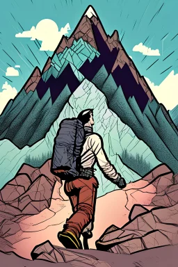 comic book of a book turning into a mountain with a hiker