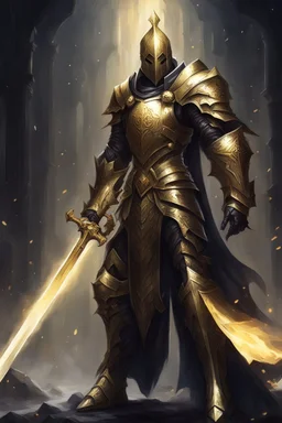 holy knight paladin in darkly gold armor and a cape wielding a sword in abyss