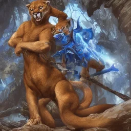 A Fantasy painting of an angry cougar in full blue and white armor, Inka jungle background, Blue fire coming out, highly detailed, digital painting, Artstation, concept art, matte, sharp focus, illustration, dramatic, art by artgerm and greg rutkowski and alphonse mucha