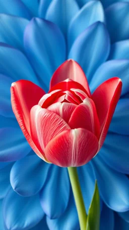 A red rose . The background should be composed of blue petals that gradually transition to a creamy butter-colored center, with the petal tips delicately tinted in a noble, pale blue. The transitions between colors should be seamless and smooth, with no sharp edges, giving the petals an ethereal, veil-like, silky appearance. Focus on capturing the soft texture and gentle flow of the tulip petals, creating a dreamy and elega