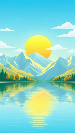 flat style - morning colorful landscape.. a calm lake with light soft blue water. The white sky background features vibrant colors , many white,yellow mountains with pastel blue hues, and a large, radiant yellow big sunrise in the sky. The overall style is vibrant, cartoonish, and detailed, with bright, bold colors and well-defined shapes. The lighting vibrant and style is vector .