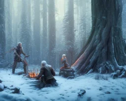 Geralt of Rivia, Jaskier the Bard, snowy forest scene, around a campfire, Jaskier playing his lute, monster lurking in background behind a tree, DSLR, panorama, complementary colours, splash of colour, hyperrealism, 8k resolution concept art, intricately detailed