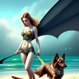 beach with boat, portrait of fair girl with bat wings and dog, fantasy art, book illustration