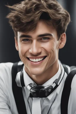 A hyper-realistic,detailed A handsome young man with a beaming smile, his eyes twinkling with joy. Photo Real, HOF, full size, science, technology,future,electric ,futuristic style, design, practicality,manufacturability,performance, (((realism, realistic, realphoto, photography, portrait, , realistic, beautiful, elegant, charming, apocalyptic environment, professional photographer, captured with professional DSLR camera, trending on Artstation, 64k, ultra detailed, ultra accurate detailed, boke