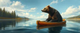 airbrush rendering, bear in life boat in lake