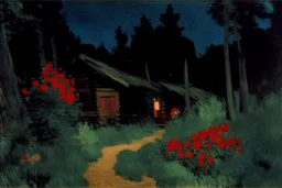 Night, cabin, pine trees, pathway, red flowers, edouard manet impressionism painting