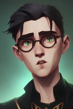 young boy portrait, lighting bolt scar on the forehead, thin face, black hair, green eyes, round black glasses held, black robe cape, magic castle in the background, trending in art station, 4k