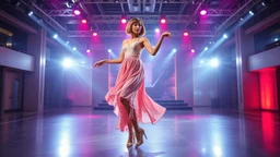 full body shot of a very beautiful German lady with makeup and bob hair, wearing a pretty long skirt and heels, dancing gracefully on a modern stage with luxury structure and dynamic color lights.
