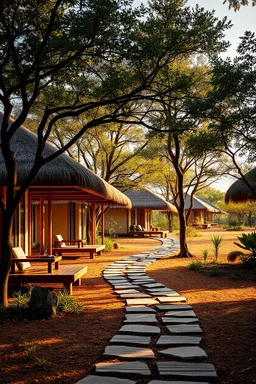 Create a village of 20 thatch-roofed A-frame modern cottages sitting on 4 acres that would serve as a resort in Kenya. Lay the paths organically with no pattern.