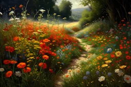 shimmering, metallic-lustrous wildflowers with spikelets of cereal plants, bells and bright poppies in the style of Jean-Baptiste, silk painting, polishing, embroidery by Thomas Kincaid, Steve Hanks. intricate. 8k. oil on canvas. Beautiful. Hyperrealistic. ultra detailed. 4K 3D. crisp quality. very cute