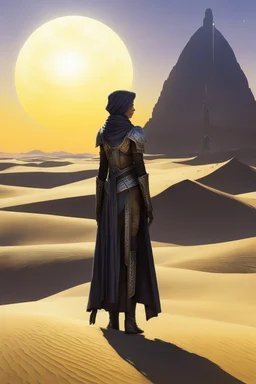 [kupka] The twin suns sink low on the horizon as Afrey stands sentinel upon the dune, etched skins shifting in their dying light. She is the last guardian of Tatooine now, all other Defenders fallen these past moons. But her people remain, and while even one dwells in this town she will stand.Long she has kept her lonely vigil here, choosing a vantage apart where she may see and be unseen. Her keen eyes note every shadow, searching for any threat borne on the fading breeze. One hand rests lightl