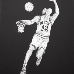 Realistic, drawing, black and white, basketball player, slam dunk