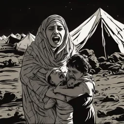 A Palestinian woman wearing the Palestinian dress carries her dead son as she screams and cries at night, with explosions in refugee tents behind her.