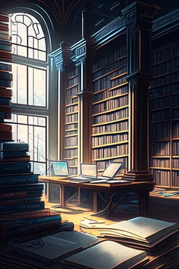 Library, state-of-the-art computers, book search. High-quality drawing, 8K