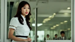 A very pretty Asian model in an air hostess uniform looking out of the window