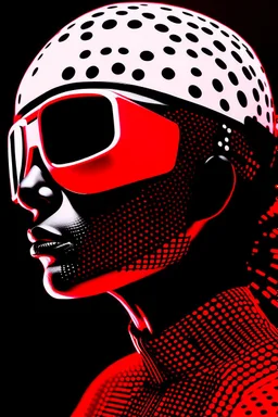 woman with red paint on full face, black round sunglasses, black and white swimming cap on head, black turtleneck, side view by joe scott , afrofuturism, futuristic, pop art, geometric, bizarre, surreal