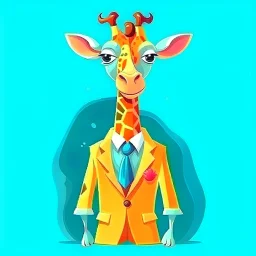 Cute smiling giraffe. Bright, cheerful colors. She wears a suit