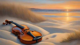 A classical oil painting of a violin resting on a sandy beach at sunset,