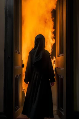 A woman wearing a black veil behind a door blazing with fire