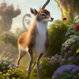 pixar style, volumetric summer garden environment and background, realistic painting of gazelle, looking excited, volumetric lighting, dramatic lighting, detailed digital painting, extreme dense and fine fur, anime, ornate, colour-washed colors, elegant, small minutiae, tiny features, particulars, centered, smooth, sharp focus, renderman gofur render, 8k, uhd, detailed eyes, realistic shaded volumetric lighting, sunlight caustics, backlight, centered camera view