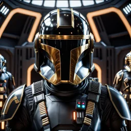 star wars bald male corellian pilot wearing dark gunmetal grey and black First Order special forces TIE pilot armored flightsuit and helmet with gold trim inside the jedi temple, centered head and shoulders portrait, hyperdetailed, dynamic lighting, hyperdetailed background, 8k resolution, volumetric lighting, light skin, fully symmetric details