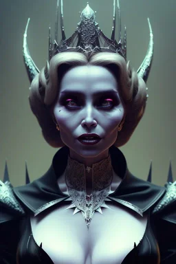 Constance Langdon as evil queen in black leather, leather, busty, cleavage, angry, stern look. character design by cory loftis, fenghua zhong, ryohei hase, ismail inceoglu and ruan jia. unreal engine 5, artistic lighting, highly detailed, photorealistic, fantasy