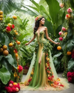 📷🍓💃 length image full body sweet pose pretty woman super model wearing a beautiful high details natural beuty color unique gown costume made of full elements varieties tropical fruits,full of green leaves and variaties roses,orchids flowers jungles background