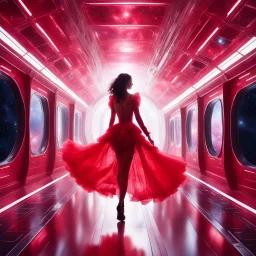 In the pulsating space station, a figure in a red frilly dress from Agent Provocateur glides through a shining corridor, with windows revealing the vast expanse of outer space. The outfit's fabric flutters around her like a crimson nebula, drawing the eyes of passersby. She exudes an ethereal beauty, a celestial being navigating the cosmic chaos with elegance and allure.