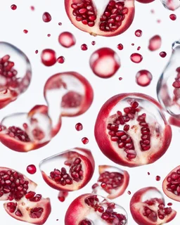 pomegranate seeds behind water droplets through a prism and refraction, on a white background