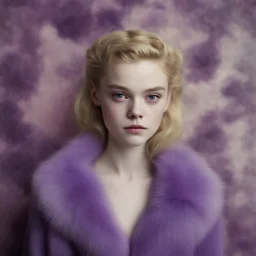 Elle fanning,, egonSchiele, style, purple fur, flowered wallpaper background, old autochrome
