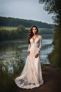 very pretty lady with makeup and lace loose over standing in countryside next to river and tree with a pose