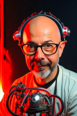 Portrait of a man with a radio helmet on his head. Wearing glasses. A small beard of pepper and salt. He is bald. White. He is a metal fan and. Flames surround him. In the background, a robot gives him a finger of honor.