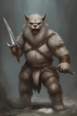 Dnd a young bugbear with WHITE fur and leather armor with swords